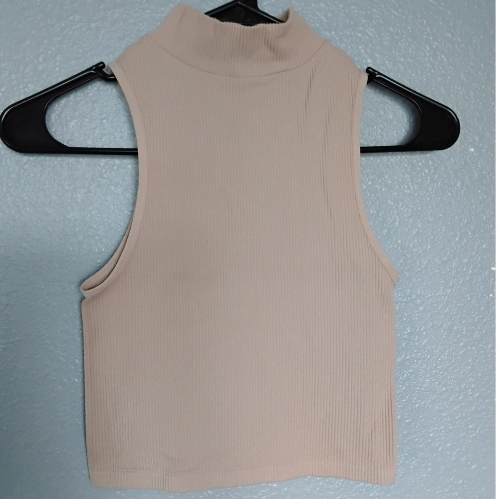 Zara Limitless Contour Ribbed Mock Neck Sleeveless Crop Top Beige Tan XS S